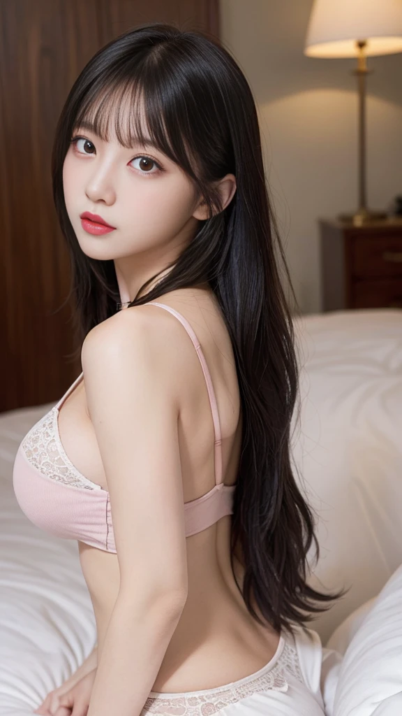 Highest quality, Highest Resolution, masterpiece, Super detailed, Beautiful woman, Black Hair, Long Hair, Golden Eyes, Pink Lips, indoor, Inside the room, sunlight, Bright light, Embarrassed look, Large Breasts, Big Hips, Big Ass, Flowing Hair, Lying in bed, whole body, Front view,  