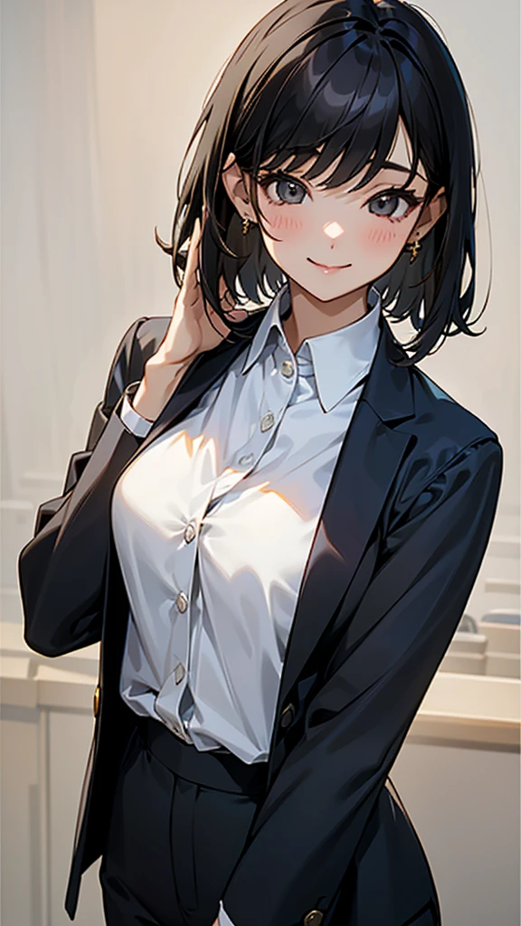 One girl, solo, High resolution, Long Hair, smile, Shortcuts, Black Hair,short hair、 Simple Background, accessories, Earrings, Anatomically correct, Soft Light, Textured skin, Office Style、Jacket、suit、Pants Style、White blouse、beautiful girl、