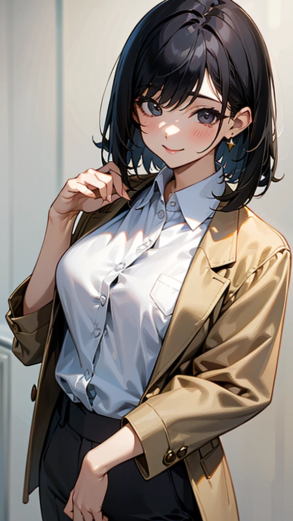 One girl, solo, High resolution, Long Hair, smile, Shortcuts, Black Hair,short hair、 Simple Background, accessories, Earrings, Anatomically correct, Soft Light, Textured skin, Office Style、Jacket、suit、Pants Style、White blouse、beautiful girl、