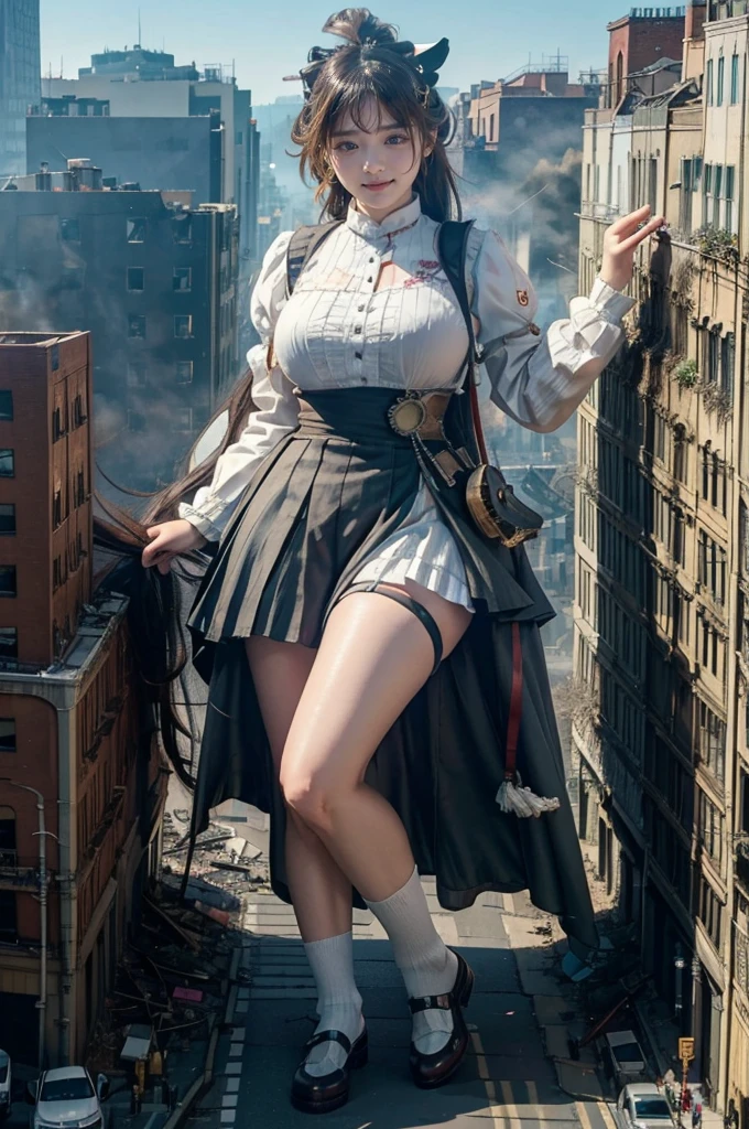 Fisheye Lens、looking at the camera、steampunk、Standing on top of a ruined building、Big building explosion、The building collapses、Urban hustle and bustle、Traffic jam、City of Rubble、street tree、Car and bus、truck、taxi、City boulevard、Pedestrian bridge、Streetcar route、((((Azur Lane Cheshire Cosplay))))、Frilled maid outfit、((Super huge breasts))、((Plump thighs))、Ground View,City of Giants,500 foot tall giant girl,skyscraper,Has super long legs,Step into the crowd,There are many people on the street,Knee-high socks、loafers,A happy look,Standing on the ruins,Beautiful appearance,Exquisite makeup,quality,8k,高quality,Perfect Proportions, Cinema Lighting,Film Grain,The Colors of Fuji,8k,Textured skin,Super Detail,High detail,high quality,High resolution,explode,False Smile、Reaching out