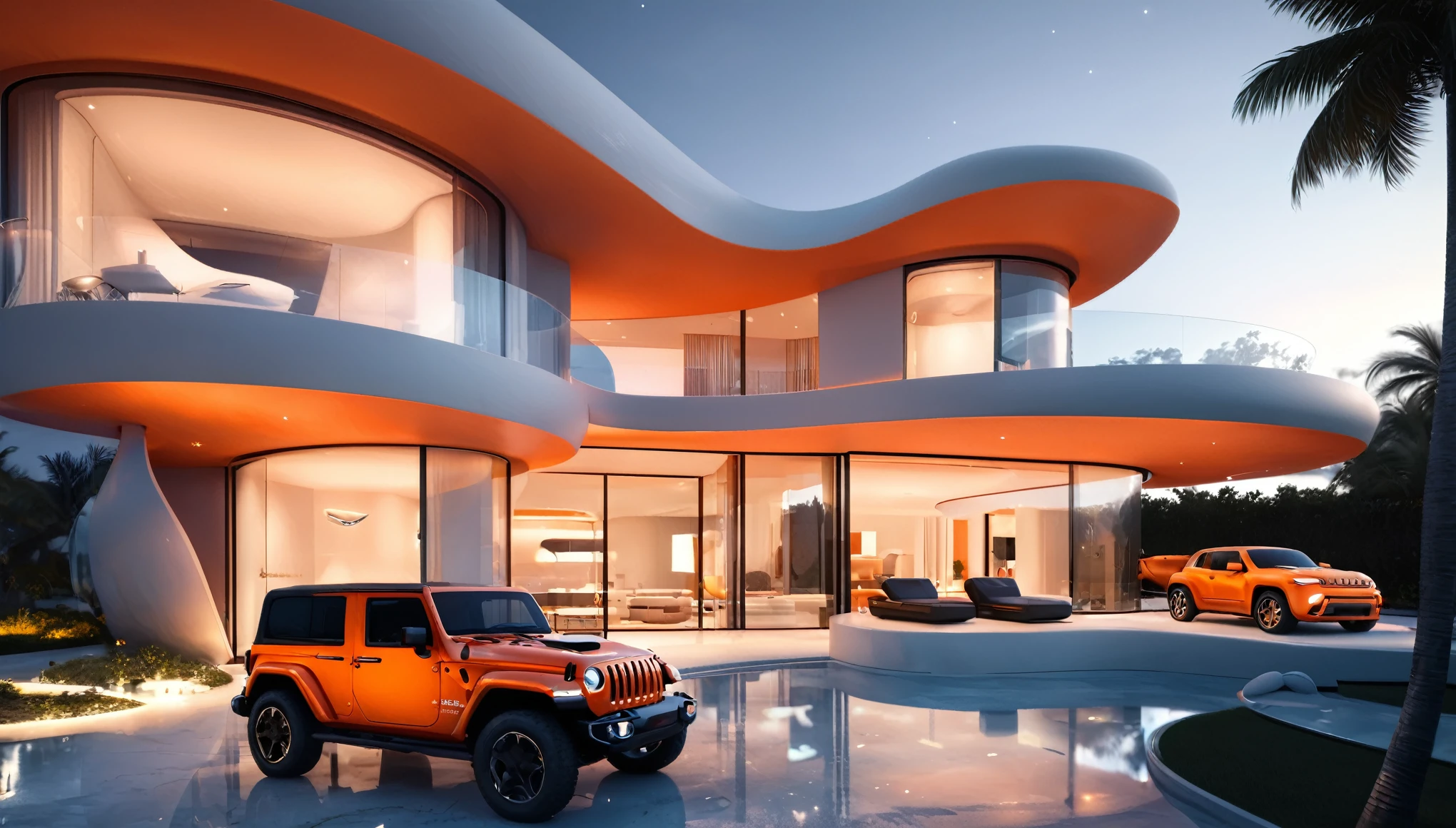 a futuristic house with an orange jeep wrangler parked in front of it, cgsocietywlop, beautiful curves, intricate devilish designs, qualia, interesting shapes & form, wow factor, elaborate polished, architectural rendering, miami, orange soft lighting in interior of house, futuristic battlefield, inspired by James E. Brewton, precise architectural rendering