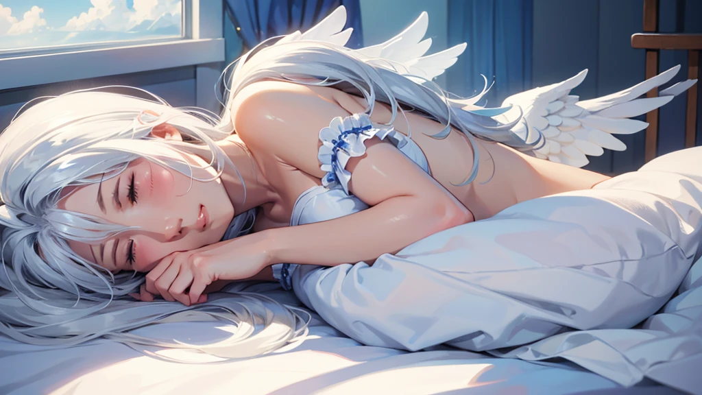 angel girl ,sleeping in the cloud,cute , siver hair, big wing