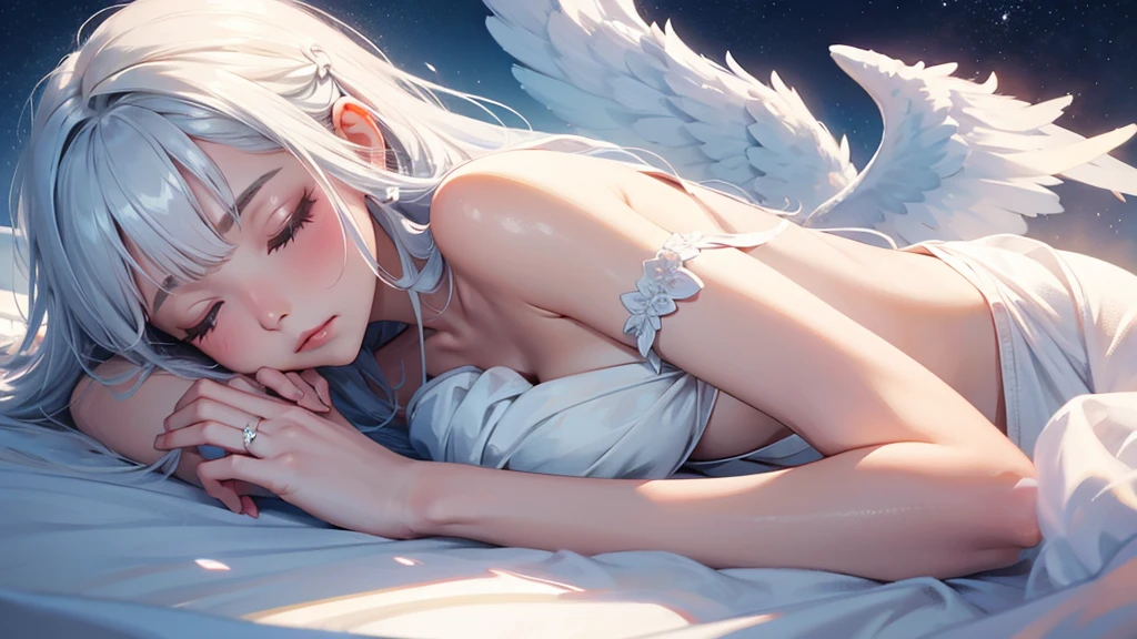  angel girl ,sleeping in the cloud,cute , siver hair, big wing