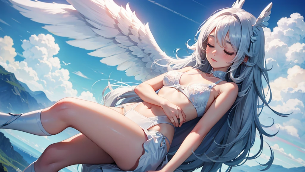  angel girl ,sleeping in the cloud,cute , siver hair, big wing