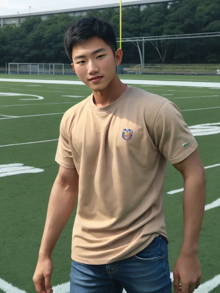 ((realistic daylight)) , Young Korean man in a simple brown t-shirt only, no pattern, denim shirt, and jeans., A handsome, muscular young Asian man looks at the camera. , in the football field ,turn sideways