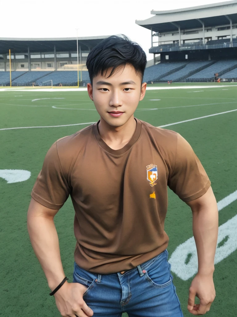 ((realistic daylight)) , Young Korean man in a simple brown t-shirt only, no pattern, denim shirt, and jeans., A handsome, muscular young Asian man looks at the camera. , in the football field ,turn sideways