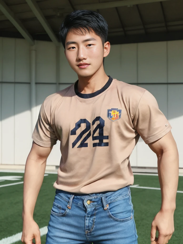 ((realistic daylight)) , Young Korean man in a simple brown t-shirt only, no pattern, denim shirt, and jeans., A handsome, muscular young Asian man looks at the camera.  , in the football field ,turn sideways