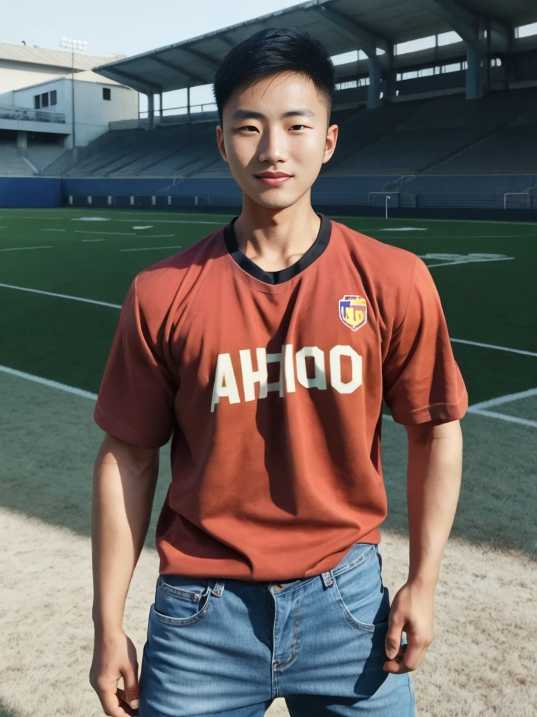 ((realistic daylight)) , Young Korean man in a simple brown t-shirt only, no pattern, denim shirt, and jeans., A handsome, muscular young Asian man looks at the camera. , in the football field ,turn sideways