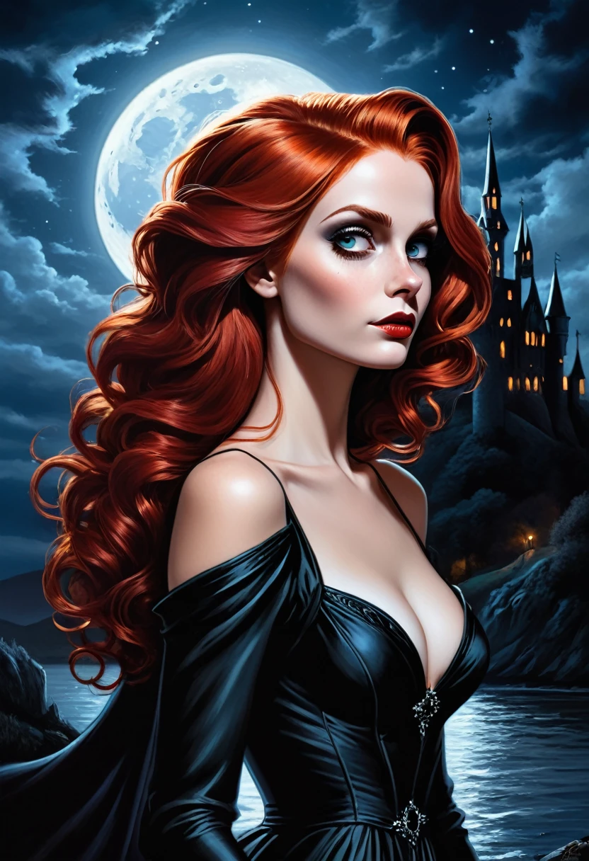 a woman with a compelling and dramatic look, her striking red hair vibrant against the night sky. She wears a fitted black gown with a low neckline and decorative details that suggest a blend of gothic and elegance. Her pose and expression convey a sense of poise and self-assurance. The full moon looming large behind her adds a mystical or supernatural quality to the image, complementing the shadowy, gothic-style castle in the distance. The juxtaposition of her warm hair color against the cool moonlight creates a dynamic contrast, enhancing the overall mood of the scene. 16k resolution, oil on canvas, fine art, super dramatic light, sharp focus, grain, sinister