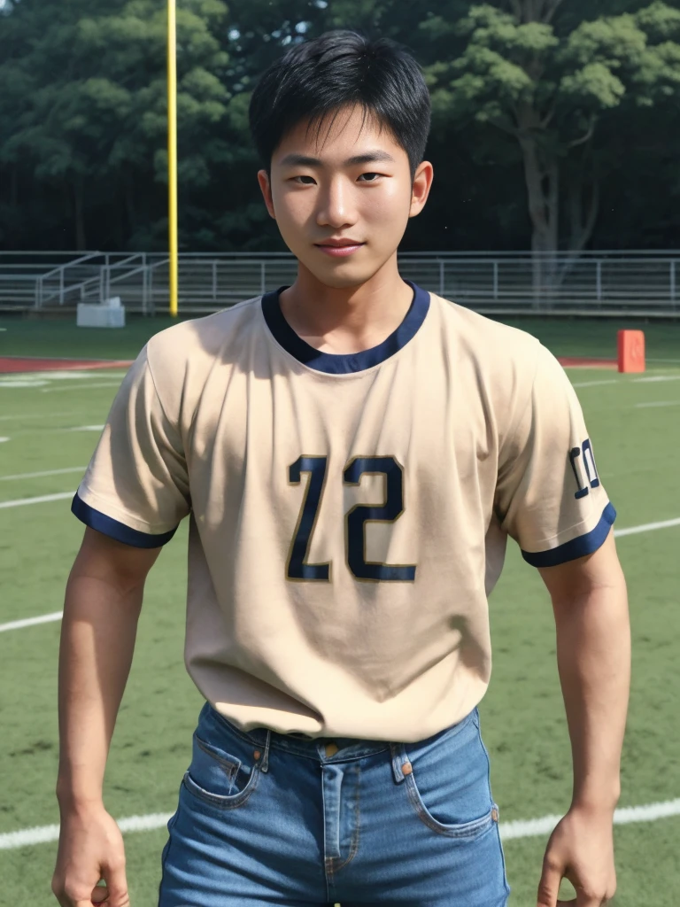 ((realistic daylight)) , Young Korean man in a simple brown t-shirt only, no pattern, denim shirt, and jeans., A handsome, muscular young Asian man looks at the camera.  , in the football field ,turn sideways