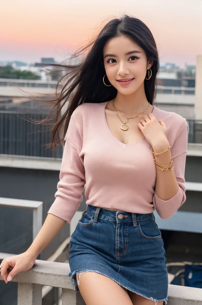 Rooftop of university building, 4th year university student, ((full body)),((photo)),((best qualtiy, 8K, tmasterpiece:1.3)), Focus:1.2, perfect figure beautiful girl:1.4,1girl,cowboy shot ,look at viewer, eyes facing the camera,incredibly absurd, beautiful and cute girl with a photorealistic face, showcasing top-quality craftsmanship, A Japanese girl watching the sunset on the rooftop of a university building, 19 years old, with long straight black hair, fair skin, big eyes, thin eyebrows, double eyelids, long eyelashes, pink lips, smiling face, little devil A charming smile, gorgeous features, well-defined facial features, beautiful face, mysterious beauty, slender, tall, well-balanced proportions, large breasts (E cup), white shirt, black tight skirt, beige pumps, gold Necklaces and bracelets, small earrings, elegant rings, pretty girls, beautiful women, devilish, pretty older women, passionate about art, sociable, friendly, positive, leadership, proactive, flexible To be efficient, to work hard towards your dreams and goals, March