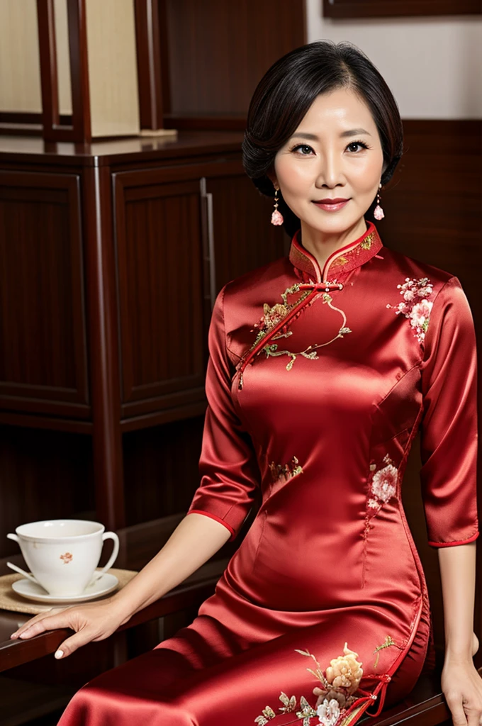 Beautiful mature woman in silk qipao