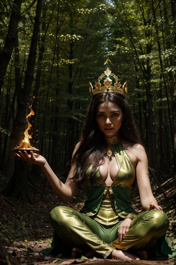 a dark sect in the forest, with a goddess with a diamond crown and fiery eyes levitating, green clothes with golden gold, the destroyed trees