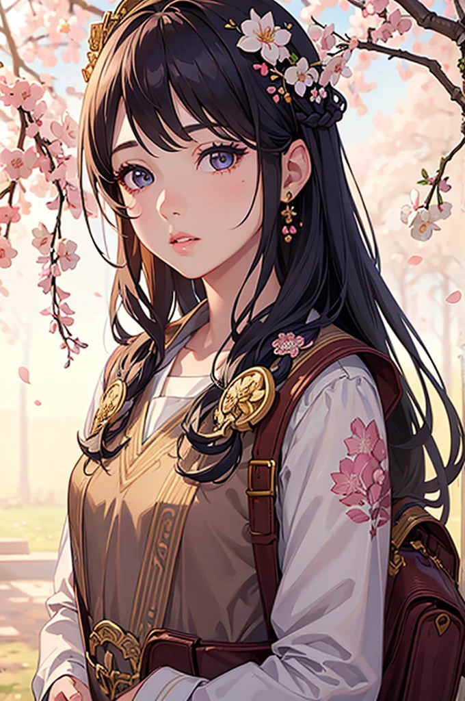 1girl, , detailed face, beautiful eyes, long eyelashes, beautiful lips, intricate hair ornaments, detailed school bag, cherry blossom tree, sunlight, soft lighting, detailed background, cinematic composition, 4k, high resolution, masterpiece, hyper detailed, photorealistic