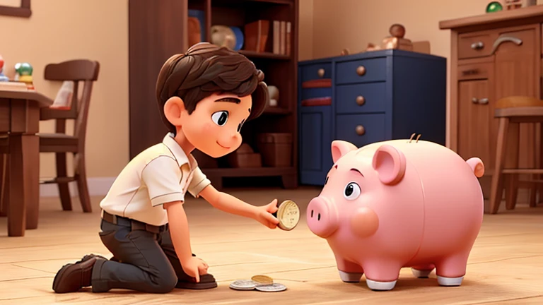 boy putting coin in piggy bank