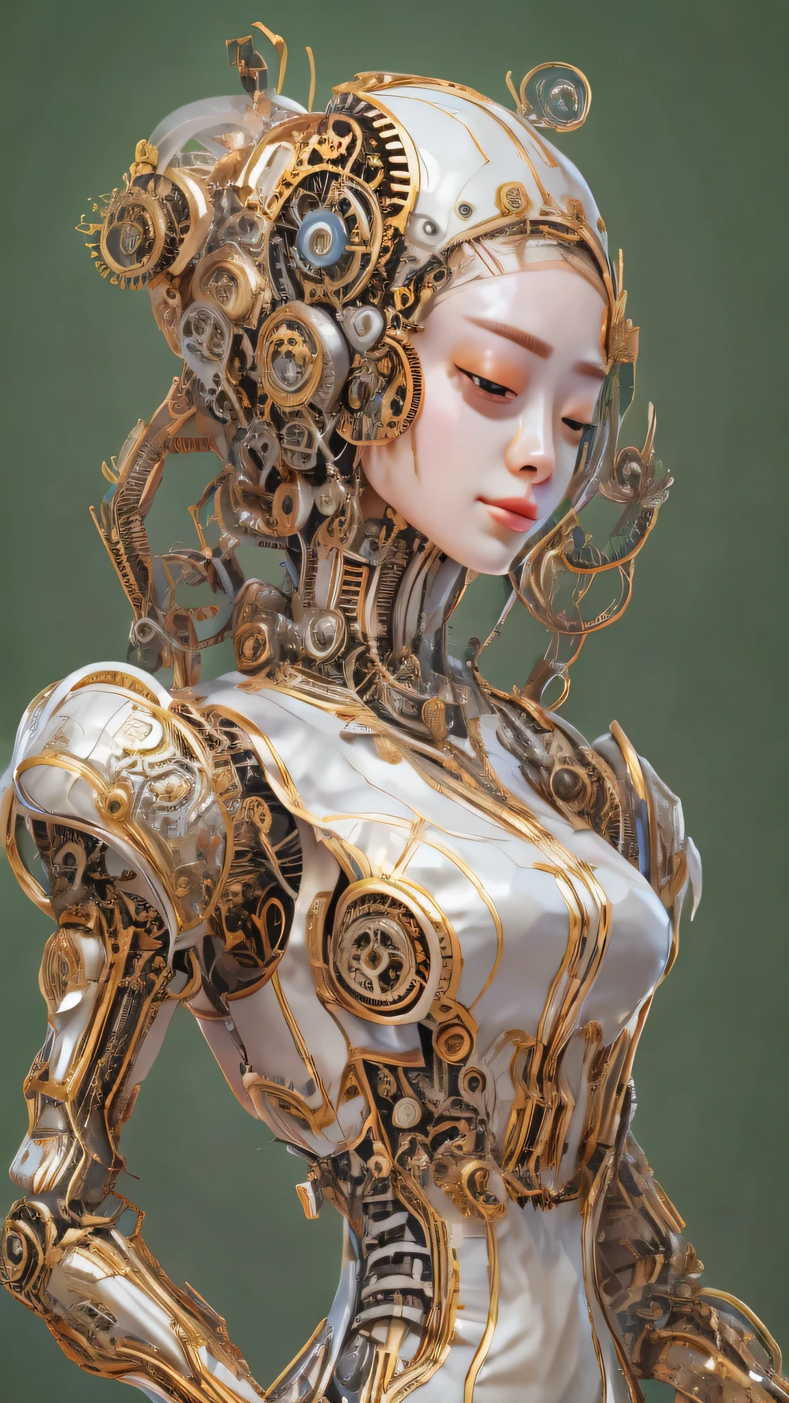steampunk、sketch、Very beautiful female robot、It is a smart robot equipped with the latest AI.、It has beautiful eyes, nose and mouth.、I have a bouquet、(Esbian all over body:1.6)、Eyes closed, looking down、2200s、Cartoon、Oil painting style,