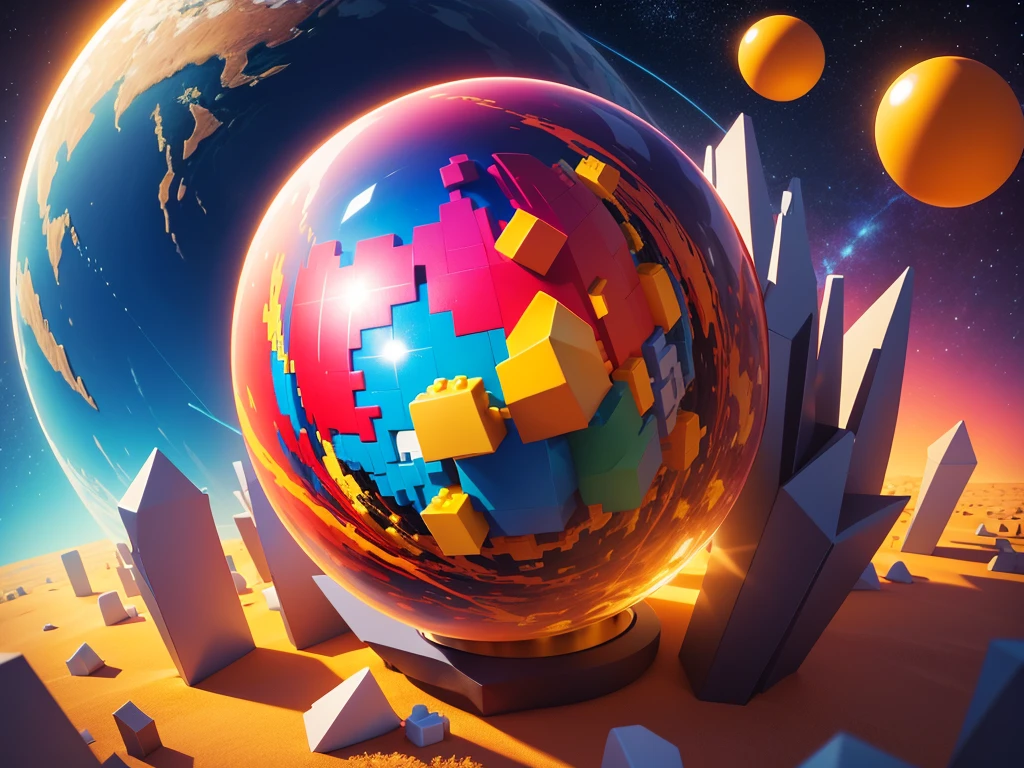 A sphere in the sky,Ultra-detailed colorful polygonal art,Lego,Pixel Art,Ultra-high resolution,8k
