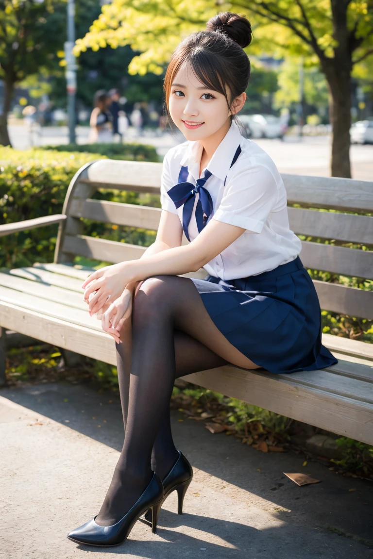Spreading legs in black pantyhose、Navy blue pleated skirt、Hair Bun、smile、White panties、run-6500-v1.1, (RAW Photos:1.2), (Realistic), (Genuine:1.4), Elegant elite woman sitting with her knees apart on a park bench, 日本の学校uniformを着て,((Sit with your legs apart))、((not wear underwear))、 日本の女の子のuniform, 日本の学校uniform, wear a principal&#39;uniform, Young and cute gravure idol, Photos taken in 2020, Dressed like a high school girl, wear , wear a strict business suit, Young and thin gravure idol, seifuku　　　　　　　run-6500-v1.1, (RAW Photos:1.2), (Realistic), Beautiful detailed girl, Sit on a bench with your knees apart、(Genuine: 1.4), Very detailed目と顔, ((日本の学校uniform:1.2))、((City of night:1.2)), Self Snap, Instagram、game_Hmph, Large file size, High resolution, Very detailed, Highest quality, [masterpiece:1.6], Consciousness upward, Very detailed, Hmph, finely, Highest quality, 8k wallpaper, Cinema Lighting, 1 girl, , Perfect figure, Cute droopy eyes、Beautiful big eyes、Pick finger, ((Tabletop)), Highest quality, 1 girl, eye shadow, Portraiture, ((Full Body Shot:1.4))、(とても愛情深いsmile:1.2)、Realistic skin texture、Glowing Skin、Exposed thighs!!!、not wear underwear