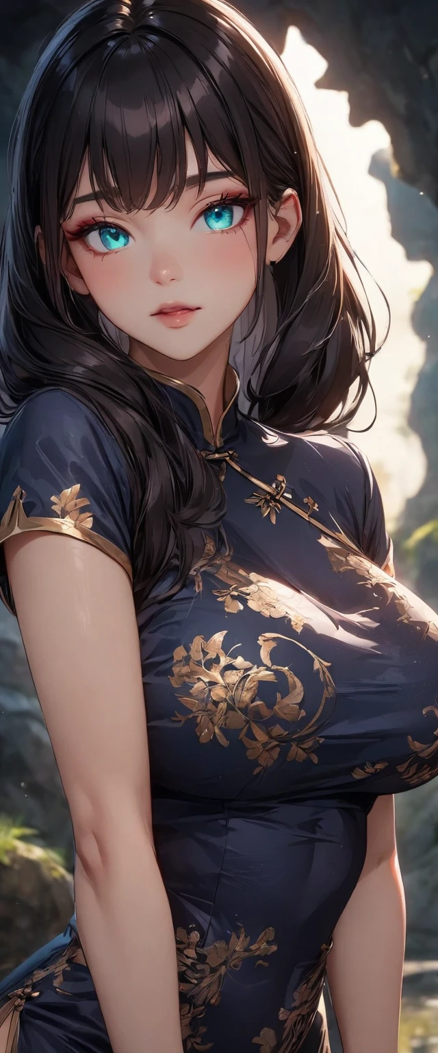 Photo of a woman with natural skin, Upper Body, Seaside cave, The light is shining in, High Twintails, Black hair with red mesh, Sharp eyes with red eyeshadow, Blue-green eyes, Shining eyes, A thin, upturned nose, Well-shaped lips, Big Breasts, ((China dress, Short sleeve)), barefoot, Makeup, Exquisitely crafted with the utmost attention to detail, Vibrant, amazing, Smooth, Cinematic, 4K, Backlight, (()), Shallow depth of field, ((Detailed eyes:1.3, Detailed lips:1.3, high quality, )), masterpiece, Super detailed images, High quality