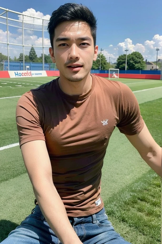 ((realistic daylight)) , Young Korean man in a simple brown t-shirt only, no pattern, denim shirt, and jeans., A handsome, muscular young Asian man looks at the camera.  , in the football field ,turn sideways