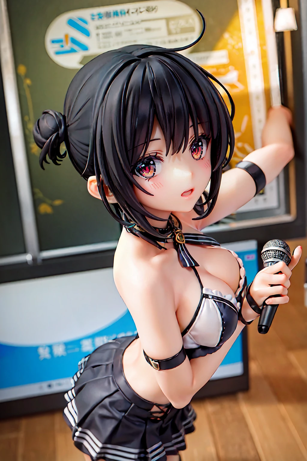 Cute s、is wearing idol costume、Her anime illustration face in soft color palette style、animated gif、Hand-drawn animation、charming sketches、Smooth and shiny background - AR 1:1 - Rainbow 5 - Expressive in style - S 50(Best Quality, masutepiece, Raw photo,Ultra-detailed:1.2),Black hair,Blue Inner Color Bob,Red Eyes,Top image quality,8k,A smile,straight haired, The head is near the center of the screen,frontage,a cute ,from the front side,1 girl in,Wide Angle,Hair is tied in a bun on one side,Short hair,float in the background,a miniskirt,Kamimei,View from above,The upper part of the body, Hold the microphone and sing