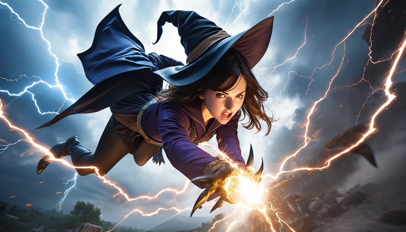 Realistic photos, RAW Photos, 
great witch, attacks viewer, Powerful movements, jump on prey, ((Dynamic jump)), Sharp Claws, 
great witch approaching from above, sudden approach, Bad-tempered, dynamic Shot from grand, lightning magic