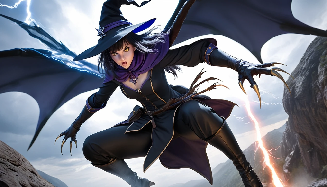 Realistic photos, RAW Photos,
great witch, attacks viewer, Powerful movements, jump on prey, ((Dynamic jump)), Sharp Claws,
great witch approaching from above, sudden approach, Bad-tempered, dynamic Shot from grand, lightning magic