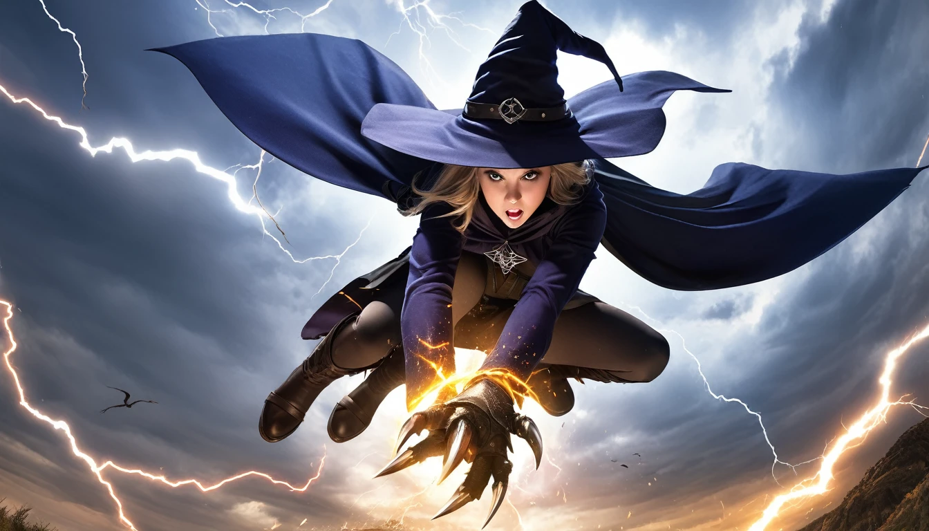 Realistic photos, RAW Photos,
great witch, attacks viewer, Powerful movements, jump on prey, ((Dynamic jump)), Sharp Claws,
great witch approaching from above, sudden approach, Bad-tempered, dynamic Shot from grand, lightning magic