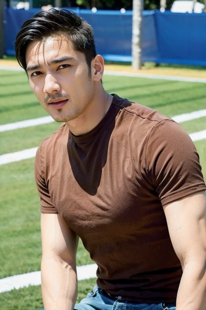 ((realistic daylight)) , Young Korean man in a simple brown t-shirt only, no pattern, denim shirt, and jeans., A handsome, muscular young Asian man looks at the camera.  , in the football field ,turn sideways