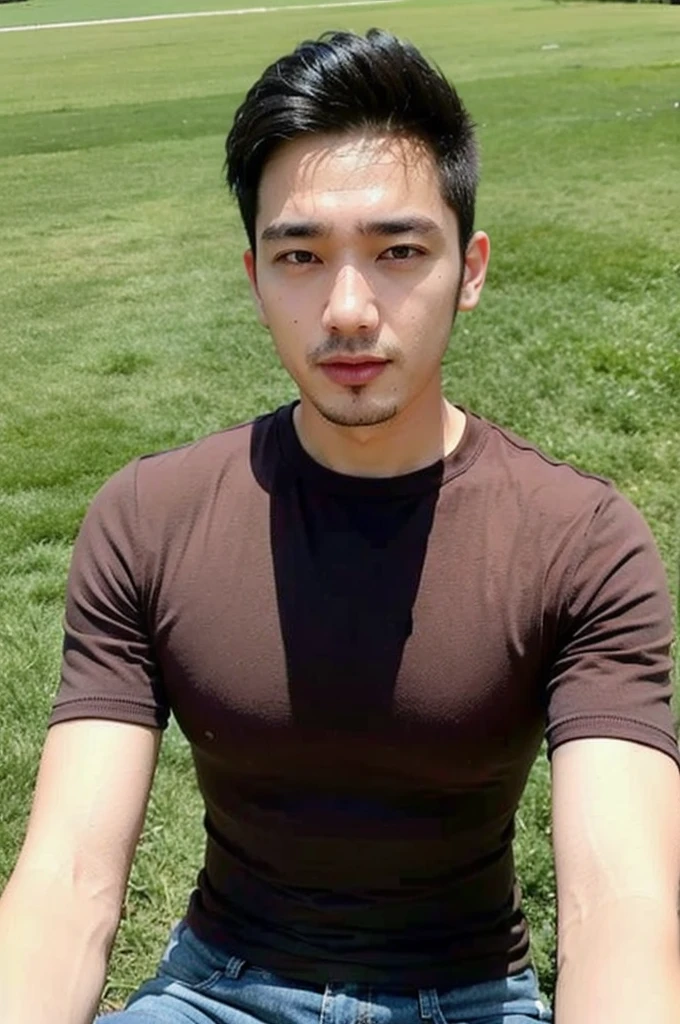 ((realistic daylight)) , Young Korean man in a simple brown t-shirt only, no pattern, denim shirt, and jeans., A handsome, muscular young Asian man looks at the camera. , in the football field ,turn sideways