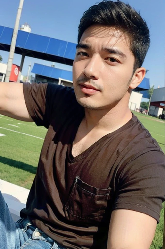 ((realistic daylight)) , Young Korean man in a simple brown t-shirt only, no pattern, denim shirt, and jeans., A handsome, muscular young Asian man looks at the camera. , in the football field ,turn sideways