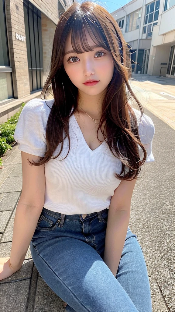 highest quality, shape, Very detailed, finely, High resolution, 8k wallpaper, Perfect dynamic shape, Beautiful and detailed, Summer clothes,Medium Hair,Natural color lip,smile,20-year-old girl、Midnight、Beautiful and elaborate face、Perfect and beautiful face、Slim face and figure,spread your arms wide,Big eyes,Take a photo with your face raised from below your knees、Small face、Beautifully detailed face、Perfect and beautiful double eyelids、Big cleavage、Long, Slender legs、One Woman、gravure、Skinny jeans、Watching the audience、runVery long hair, Blushing, 