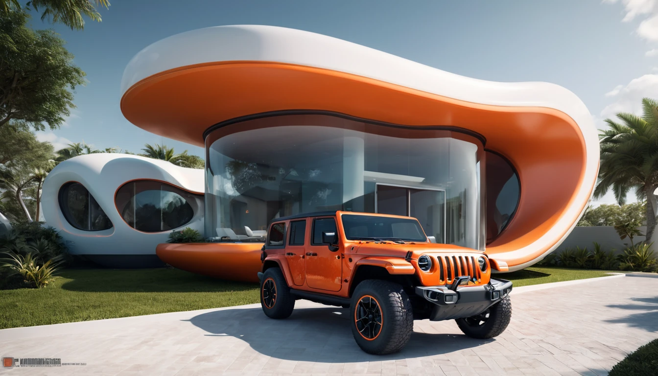 a futuristic house with an orange jeep wrangler parked in front of it, cgsocietywlop, beautiful curves, intricate devilish designs, qualia, interesting shapes & form, wow factor, bioluminescent, colorfull, glow, fluid, glowingelaborate polished, architectural rendering, miami, orange soft lighting in interior of house, futuristic battlefield, inspired by James E. Brewton, precise architectural rendering