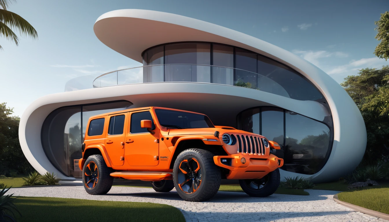 a futuristic house with an orange jeep wrangler parked in front of it, cgsocietywlop, beautiful curves, intricate devilish designs, qualia, interesting shapes & form, wow factor, bioluminescent, colorfull, glow, fluid, glowingelaborate polished, architectural rendering, miami, orange soft lighting in interior of house, futuristic battlefield, inspired by James E. Brewton, precise architectural rendering