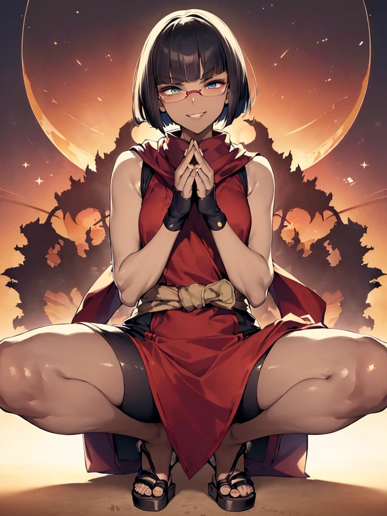 (flat chest), (masterpiece:1.2), highest quality, High resolution, unity 8k wallpaper, (fine and beautiful eyes:1.6), highly detailed face, perfect lighting, Detailed CG, (perfect hands, perfect anatomy), (1 girl:1.4), 20 years old,( black hair:1.3), extremely beautiful detailfeminine face and eyes, (evil smile:1.4), detailed eyes, best quality,( dark skin:1.8),   extremely detailed, very precise detailed,(glasses:1.3), blunt bangs, open mouth, (very short pixie cut:1.2), (geta:1.2),(fingerless gloves:1.5), smile, half closed eyes,long sidelocks,(long red Scarf:1.3),(sleeveless yukata),(on one knee:1.5) ,(own hands clasped:1.8), (spread legs:1.2),(kuji-in:1.5),(index fingers up:1.3)
