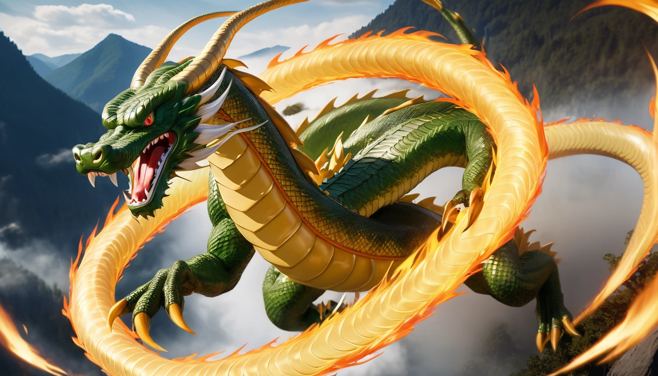 Realistic photos, RAW Photos, Shenron, attacks viewer, Powerful movements, jump on prey, ((Dynamic jump)), Sharp Claws, Shenron approaching from above, sudden approach, Bad-tempered, dynamic Shot from grand, flame magic