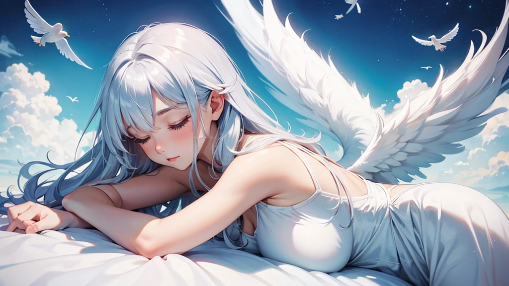 angel girl ,sleeping in the cloud,cute , siver hair, big wing