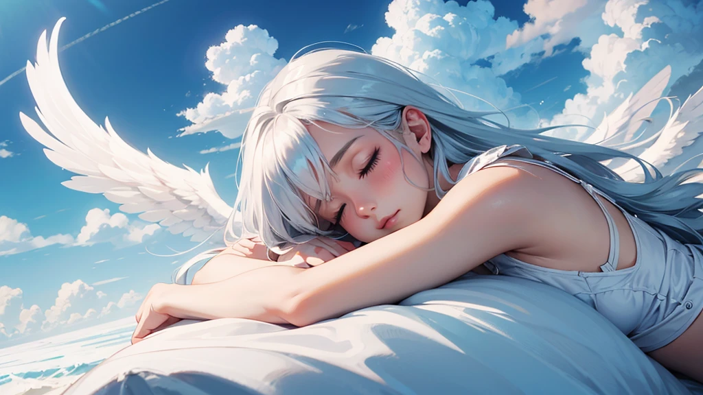 angel girl ,sleeping in the cloud,cute , siver hair, big wing