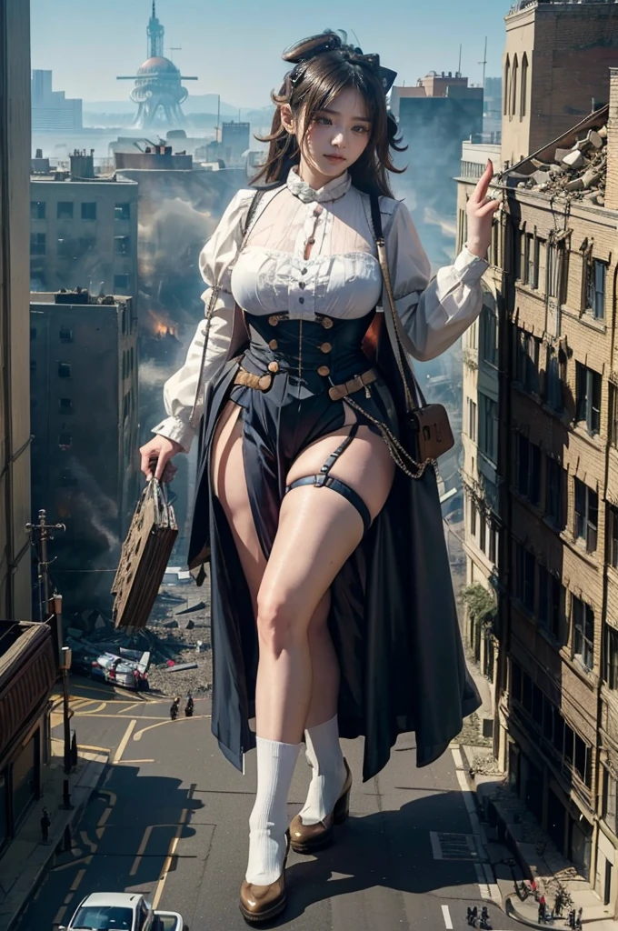looking at the camera、steampunk、Standing on top of a ruined building、Big building explosion、The building collapses、Urban hustle and bustle、Traffic jam、City of Rubble、street tree、Car and bus、truck、taxi、City boulevard、Pedestrian bridge、Streetcar route((((Azur Lane Cheshire Cosplay))))、Frilled maid outfit、((Super huge breasts))、((Plump thighs))、Ground View,City of Giants,500 foot tall giant girl,skyscraper,Has super long legs,Step into the crowd,There are many people on the street,Knee-high socks,A happy look,Standing on the ruins,Beautiful appearance,Exquisite makeup,quality,8K,高quality,Perfect Proportions, Cinema Lighting,Film Grain,The Colors of Fuji,8K,Textured skin,Super Detail,High detail,high quality,High resolution,explode,False Smile、Reaching out