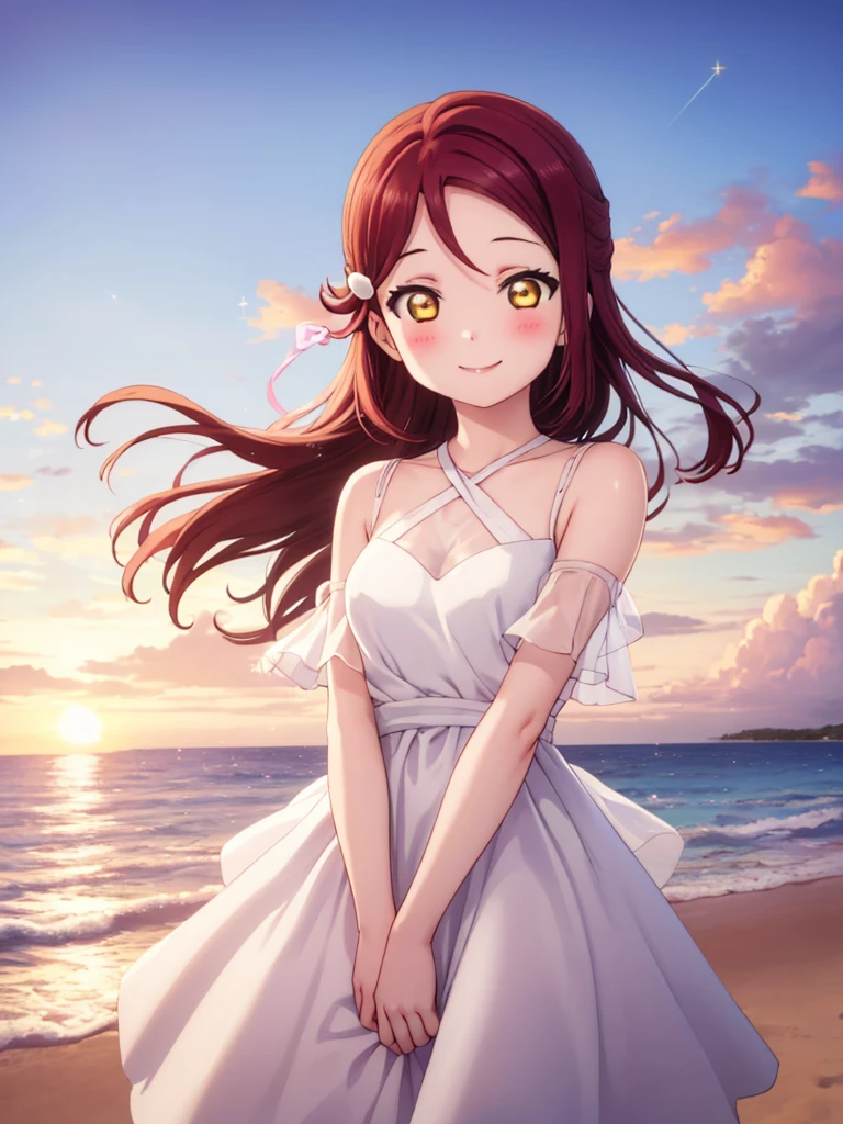 (masterpiece, Highest quality), One Girl,  Riko Sakurauchi、smile, blush, Shiny Hair, Hair blowing in the wind, Sparkle Effect, Beach、sunset、Ocean、White Dress、Touching your hair，少し大きめの胸