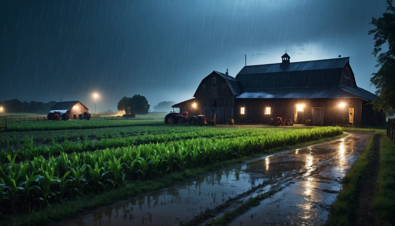 Scary horror image of a big farm at night, rain image, PICTURE REALISTIC, high resolution, 8k
