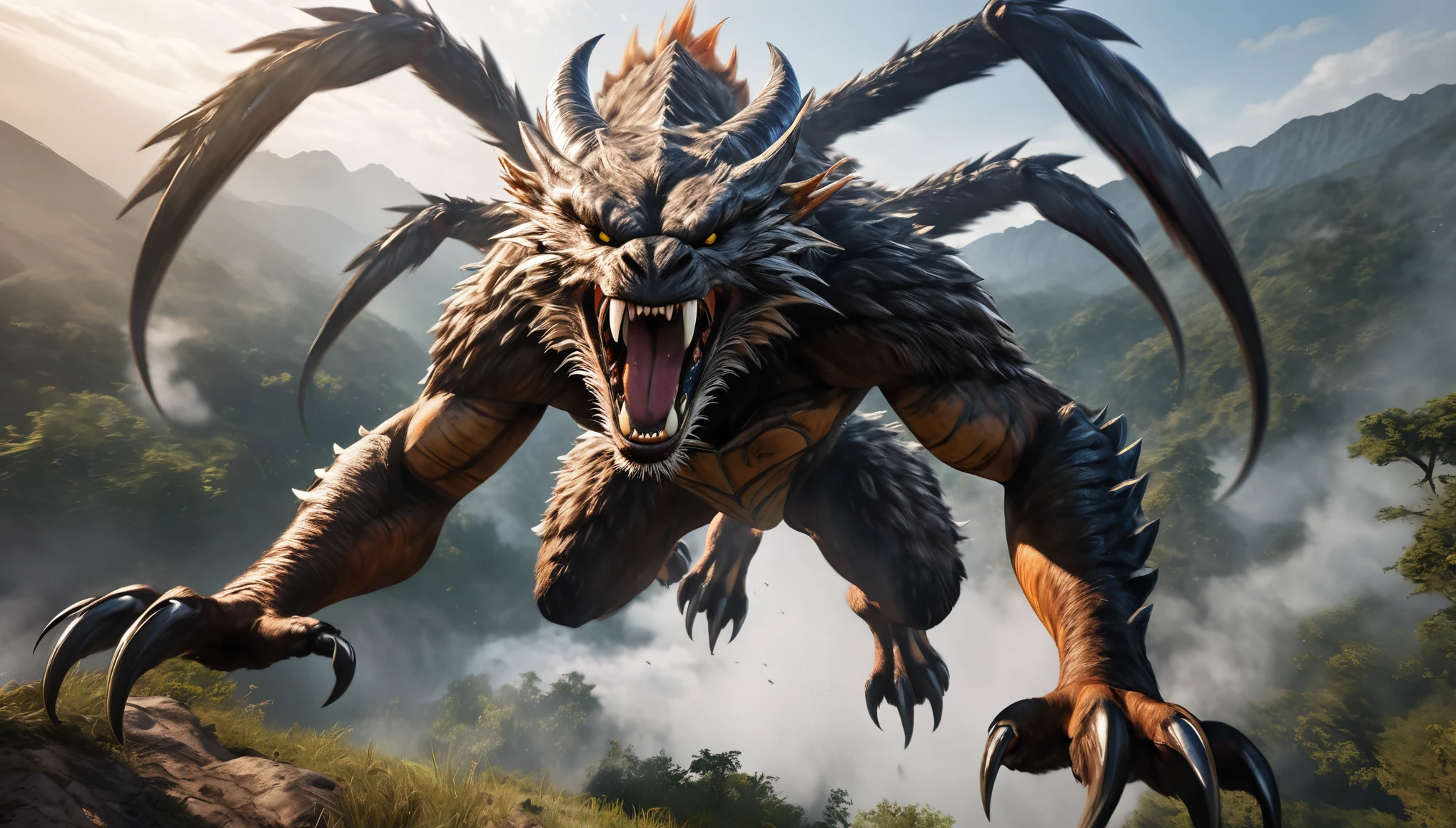 Realistic photos, RAW Photos, morbol, attacks viewer, Powerful movements, jump on prey, ((Dynamic jump)), Sharp Claws, morbol approaching from above, sudden approach, Bad-tempered, dynamic Shot from grand