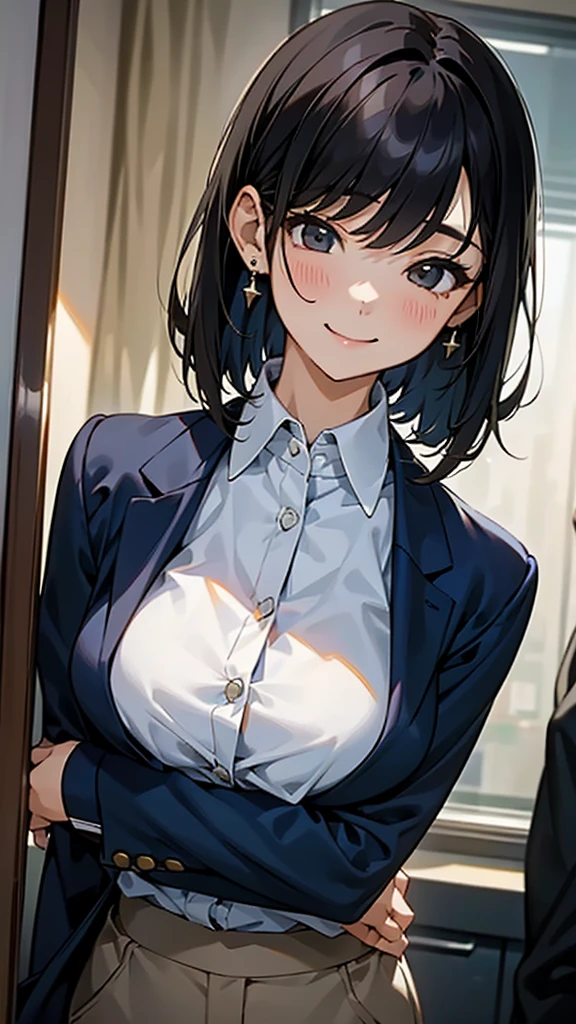 Sexy woman in a black suit smile tie