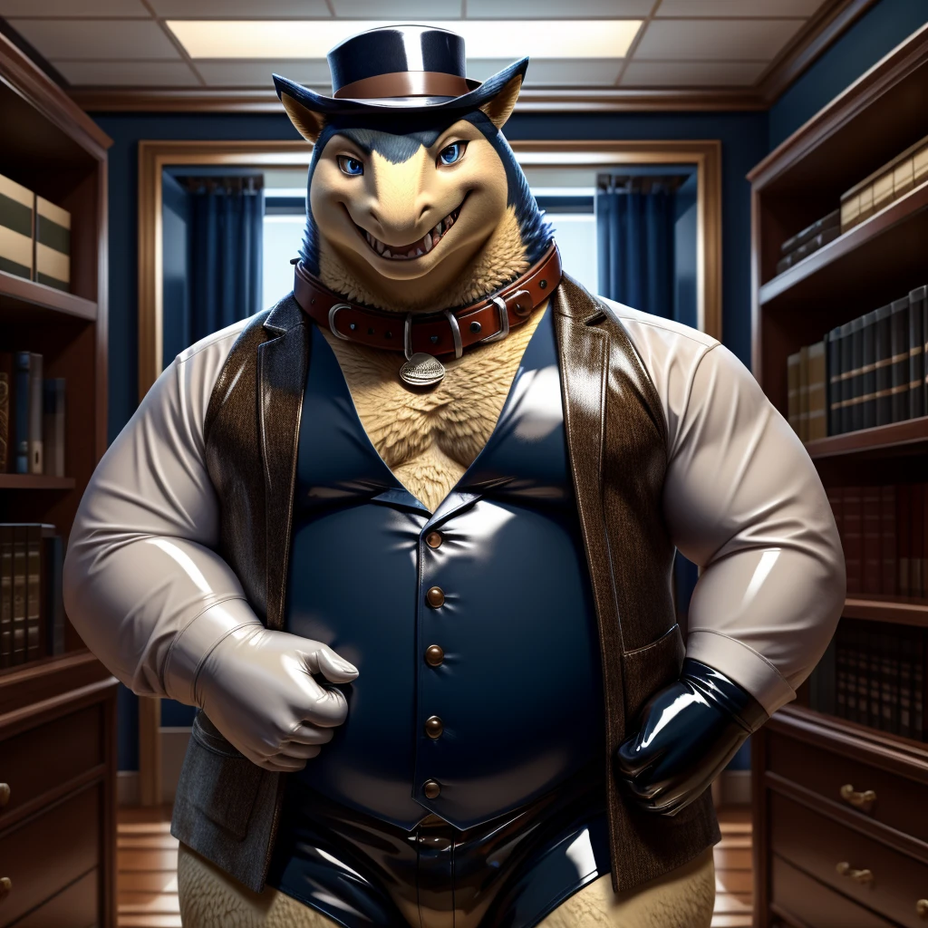 Solo, Male, fat, extremely obese, gentleman, dapper Professor Typhlosion, mob boss, blue eyes, (posing:1.3), (soft shading), 4k, hi res, ((detailed face, detailed)), looking at viewer, mouth wide open, dapper clothing, collared shirt with buttons, bowler hat, male focus, Explorer Outfit, glasses, monocle, vest with buttons, sleeves rolled up, round eyewear, brown headwear, brown vest, office, Typhlosion is wearing a glossy leather dog collar around the neck, Typhlosion is wearing the leather collar and shirt and vest at the same time, Typhlosion is wearing glossy white rubber gloves on the hands, wearing white rubber gloves on the feet, gloves are rubber in texture, clenching teeth, clenching fists, leather collar is glossy and shiny with a lot of detail, Typhlosion is wearing gloves and leather collar at the same time, leather collar has a round dog-tag, leather collar is thick and detailed, leather collar is glossy and shiny, fancy clothing, dapper vest, dapper shirt, leather collar is thick, glossy leather collar.
