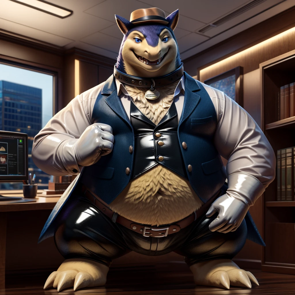 Solo, Male, fat, extremely obese, gentleman, dapper Professor Typhlosion, mob boss, blue eyes, (posing:1.3), (soft shading), 4k, hi res, ((detailed face, detailed)), looking at viewer, mouth wide open, dapper clothing, collared shirt with buttons, bowler hat, male focus, Explorer Outfit, glasses, monocle, vest with buttons, sleeves rolled up, round eyewear, brown headwear, brown vest, office, Typhlosion is wearing a glossy leather dog collar around the neck, Typhlosion is wearing the leather collar and shirt and vest at the same time, Typhlosion is wearing glossy white rubber gloves on the hands, wearing white rubber gloves on the feet, gloves are rubber in texture, clenching teeth, clenching fists, leather collar is glossy and shiny with a lot of detail, Typhlosion is wearing gloves and leather collar at the same time, leather collar has a round dog-tag, leather collar is thick and detailed, leather collar is glossy and shiny, fancy clothing, dapper vest, dapper shirt, leather collar is thick, glossy leather collar.