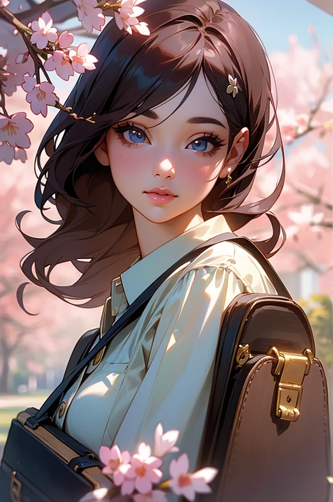 1girl, , detailed face, beautiful eyes, long eyelashes, beautiful lips, intricate hair ornaments, detailed school bag, cherry blossom tree, sunlight, soft lighting, detailed background, cinematic composition, 4k, high resolution, masterpiece, hyper detailed, photorealistic