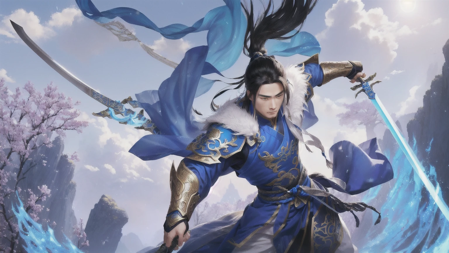 Alafd image,A person wearing blue clothing、man holding sword, heise jinyao, zhao yun, xianxia hero, Inspired by Huang Shen, author:Yang J, G Liulian art style, Inspired by Li Kan, inspired by Guan Daosheng, Inspired by Shen Zhou, Yang Qi, Ruan Jia and Artgerm