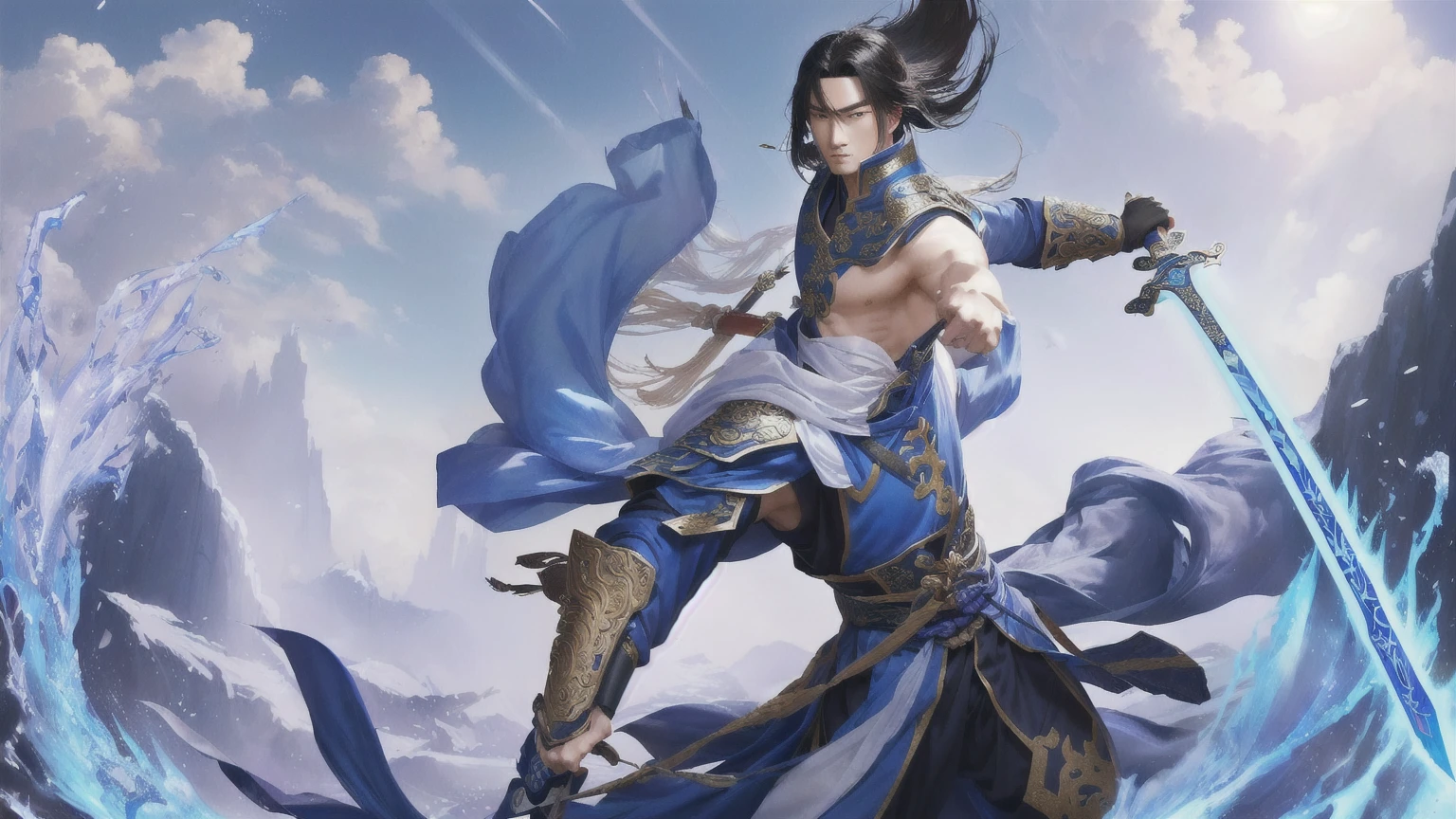 Alafd image，A person wearing blue clothing、man holding sword, heise jinyao, zhao yun, xianxia hero, Inspired by Huang Shen, author：Yang J, G Liulian art style, Inspired by Li Kan, inspired by Guan Daosheng, Inspired by Shen Zhou, Yang Qi, Ruan Jia and Artgerm