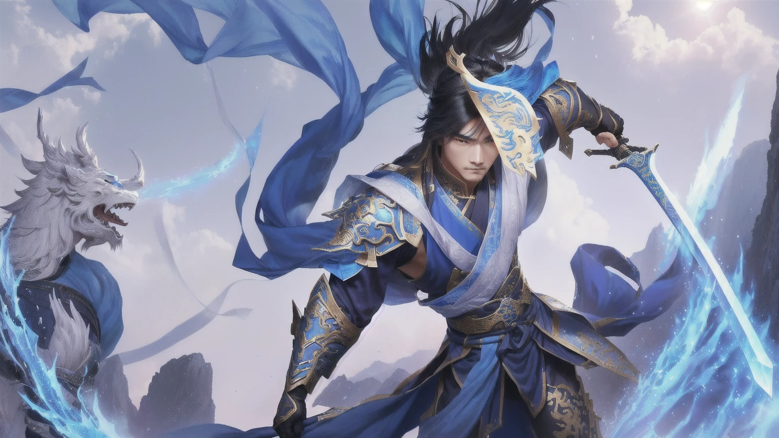 Alafd image,A person wearing blue clothing、man holding sword, heise jinyao, zhao yun, xianxia hero, Inspired by Huang Shen, author:Yang J, G Liulian art style, Inspired by Li Kan, inspired by Guan Daosheng, Inspired by Shen Zhou, Yang Qi, Ruan Jia and Artgerm