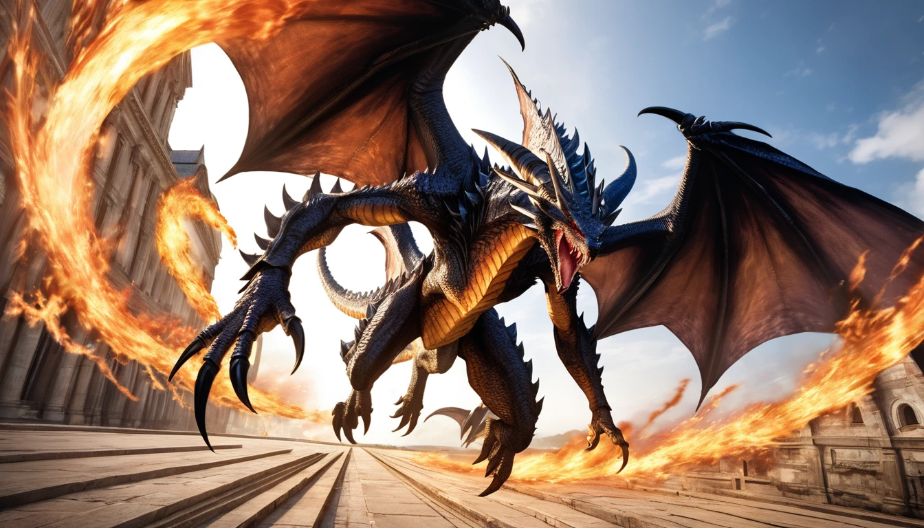Realistic photos, RAW Photos, Bahamut, attacks viewer, Powerful movements, jump on prey, ((Dynamic jump)), Sharp Claws, Bahamut approaching from above, sudden approach, Bad-tempered, dynamic Shot from grand, flame magic